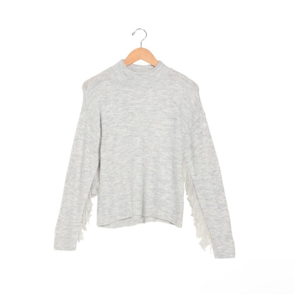 Olivia Sky Fringe Trim Mock Neck Sweater In Light Heather Grey NWT - Reemoly - Picture 3 of 11